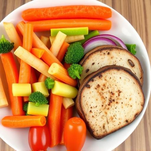 A colorful and healthy plate of food with various vegetables and lean protein.